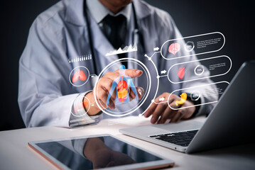 Doctor touching transparent screen with patient information, innovative health solutions. digital...