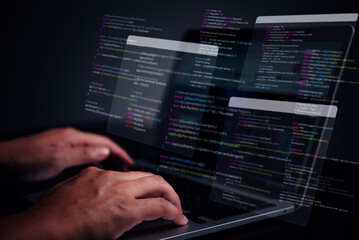 Software developer coding, digital security, data protection. Cybersecurity expert programming...