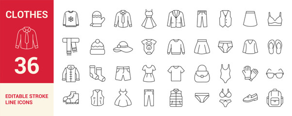 Clothing and Fashion Line Editable Icons Set.
Includes shirt, dress, pants, sweater, hat, shoes, socks, bag, gloves, and more. Vector illustration.
