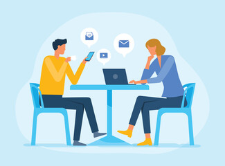 business marketing team  meeting and working together. men use mobile phones and women work with laptops. People work from anywhere concept. flat vector illustration design.  
