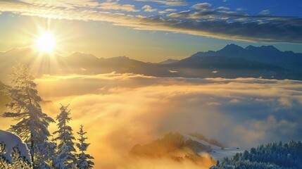 A golden sunrise over the snow-covered Alps, with clouds and sun rays visible from the top of the mountain peak. 
