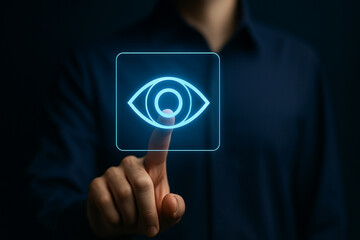 Futuristic technology eye icon hologram virtual touch interface digital innovation security vision system screen concept background