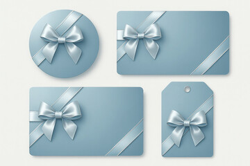 A sophisticated set of digitally rendered gift cards and tags with icy blue backgrounds, decorated with silver and white diagonal ribbons and bow