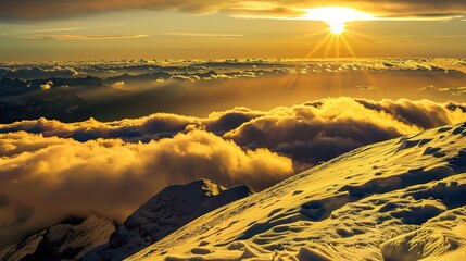 A breathtaking sunrise over the mountains, with snow-covered trees and clouds below. 