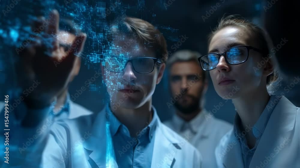 Poster team of research scientists wearing lab coats and smart glasses analyzing holographic big data conne