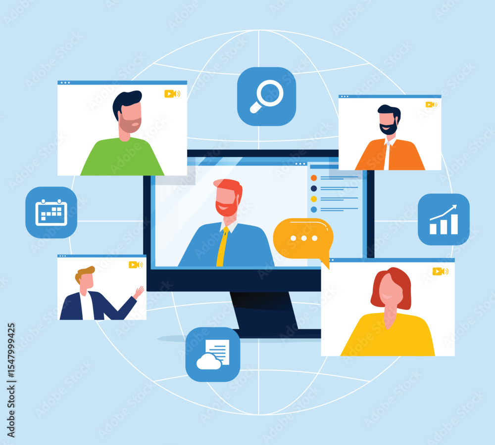 Poster flat vector design business team working and meeting with video conference platforms. online meeting. technology remote working. People work from anywhere concept.
