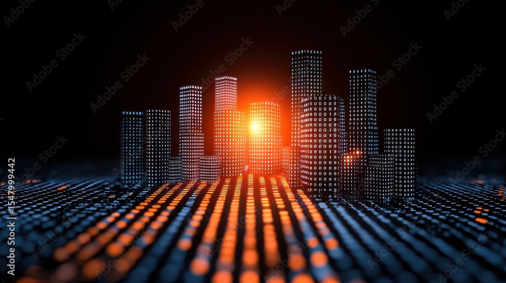 Poster city skyline at sunset with glowing buildings illuminated by digital lights and binary patterns on a