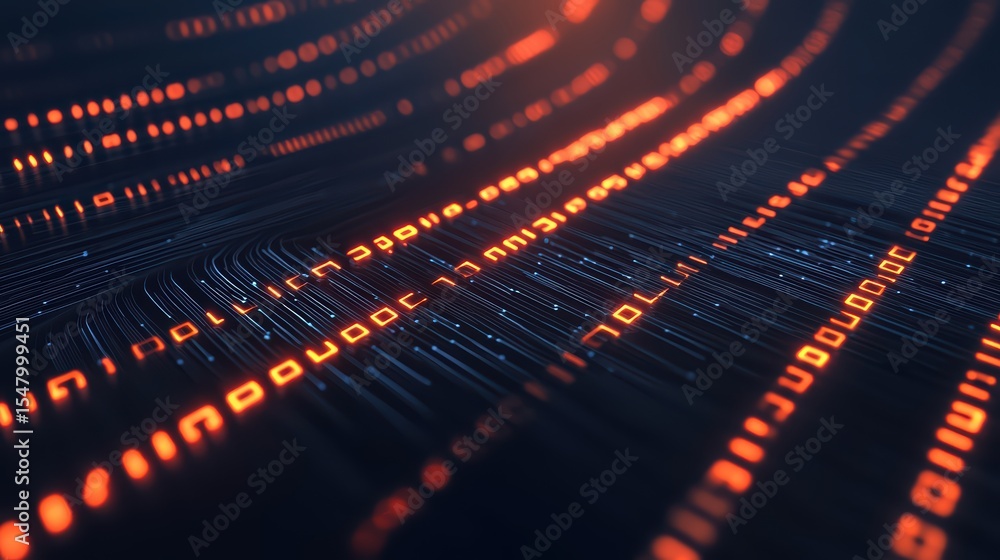 Poster abstract binary code flow in neon colors representing digital data transmission and technology backg