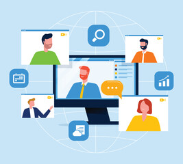 flat vector design business team working and meeting with video conference platforms. online meeting. technology remote working. People work from anywhere concept.
