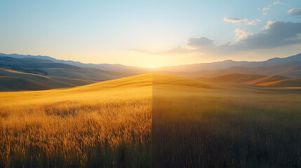 Obraz premium A serene landscape evokes feelings of hope and resilience, mirrored in the tranquil sky and golden field, a peaceful scene after war with rolling hills and warm sunset.