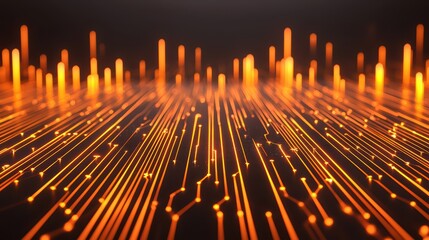 Abstract digital landscape with glowing orange lines and particles representing technology and innovation in a modern world