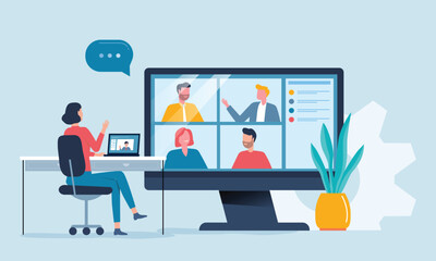 video conference and online meeting with technology remote working. People work from anywhere. business marketing team online working and planning. flat vector illustration design.  