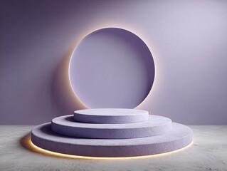 Stylish purple podium with circular backdrop and soft lighting.
