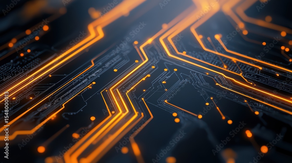 Poster abstract close-up of a futuristic circuit board with glowing orange lines and electronic patterns on