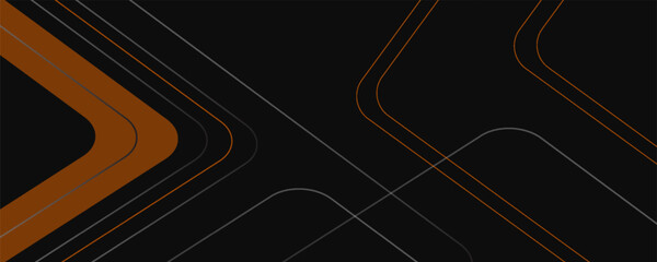 Black abstract wide horizontal banner with orange and gray lines, arrows and angles. Dark modern sporty bright futuristic abstract background. Wide vector illustration EPS10.