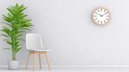 Modern Interior Design with Minimalist Chair, Indoor Plant, and Simple Wall Clock in Bright Space