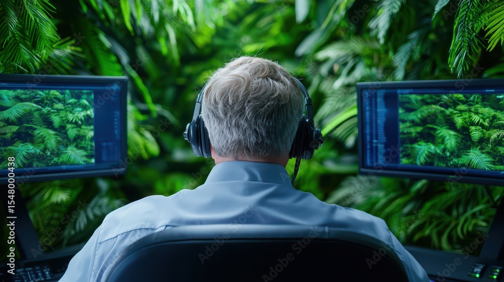 Poster person working in office surrounded by lush greenery with dual computer screens displaying nature im