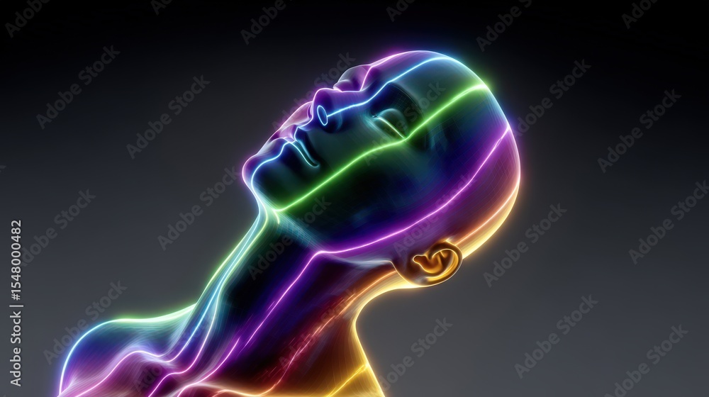 Poster a futuristic representation of a human head with colorful neon lines creating an ethereal effect sho