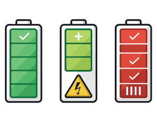 Battery icon set,charge status indicators,Cartoon full, low and empty charge indicators. Smartphone signs set, High quality colorful style vector icons. Green 100% 75%, orange 50%, red 25% 0, batterie