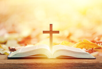 Christian wooden cross on open bible, Holy concept