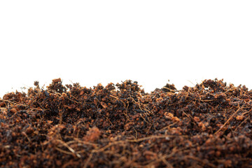Close-up of nutrient-rich organic soil with coconut coir texture, isolated on white background....