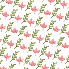 Watercolor Floral Seamless Pattern.  Pink flowers and green leaves on a white background.  Perfect for fabric, wallpaper, and stationery