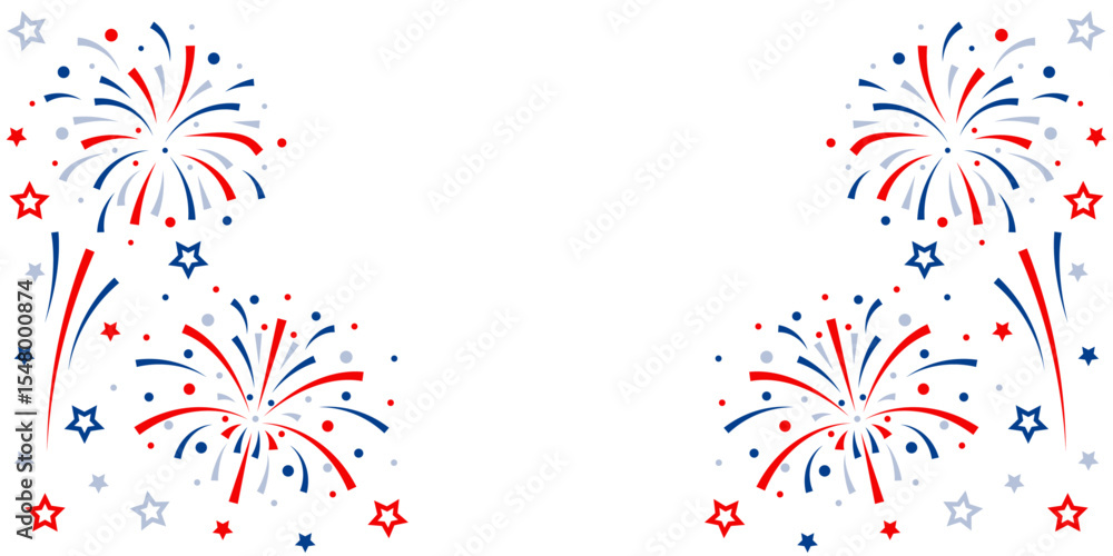 Poster Firework vector icons set isolated on transparent background with copy space. Celebrate 4th of July banner. Red, blue, white usa flag color firework border, firecracker frame.