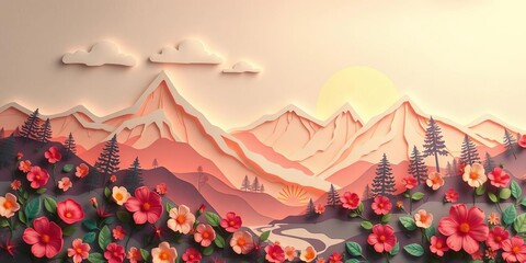 Intricate paper cut mountains & flowers, serene landscape, high resolution,  artistic,  wilderness