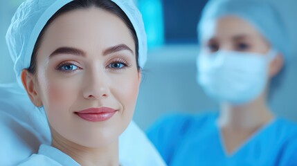 Smiling Female Patient in Medical Office with Nurse Background in Scrubs and Surgical Mask