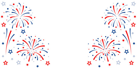Firework vector icons set isolated on transparent background with copy space. Celebrate 4th of July banner. Red, blue, white usa flag color firework border, firecracker frame.