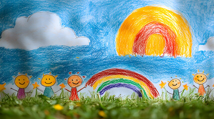 Naklejka premium A vibrant child's drawing depicts a sunny landscape with a rainbow, cartoon figures, and yellow stars, evoking feelings of hope amidst war's shadow. A cheerful, innocent, and playful scene.
