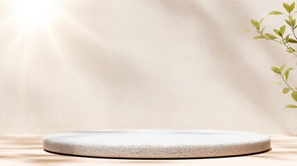 Minimalist display platform with soft lighting and natural elements.