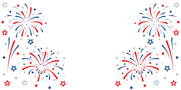 Firework vector icons set isolated on transparent background with copy space. Celebrate 4th of July banner. Red, blue, white usa flag color firework border, firecracker frame.