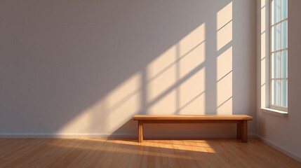 Fototapeta premium Bright room with natural light casting shadows on wooden bench.