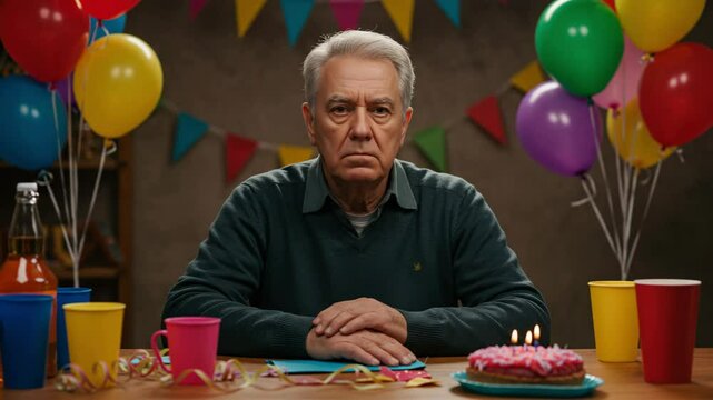 Lonely elderly man celebrating birthday alone with cake and balloons party sad and depressed senior