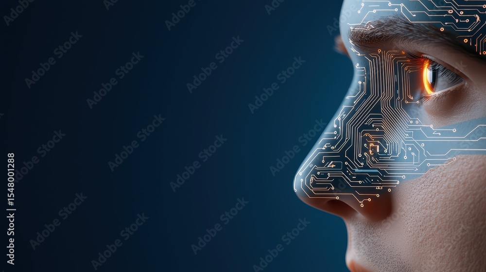 Poster futuristic human face with circuit pattern highlighting connection between technology and humanity
