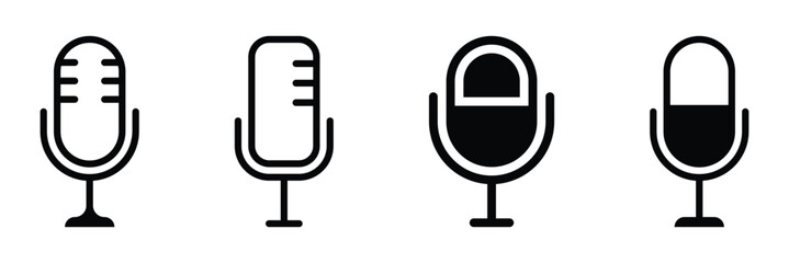 Microphone icon set. Various types of microphones. 
Set of linear microphone pictograms for audio recording and broadcasting. Audio recording and broadcasting microphone pictograms set.