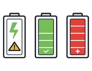 Battery icon set,charge status indicators,Cartoon full, low and empty charge indicators. Smartphone signs set, High quality colorful style vector icons. Green 100% 75%, orange 50%, red 25% 0, batterie