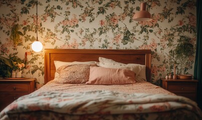 vintage bedroom interior, retro wallpaper, wooden bed frame, floral bedding, warm nostalgic lighting