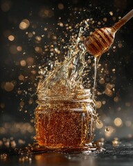 Golden honey splashes in a jar, symbolizing sweetness and nature.