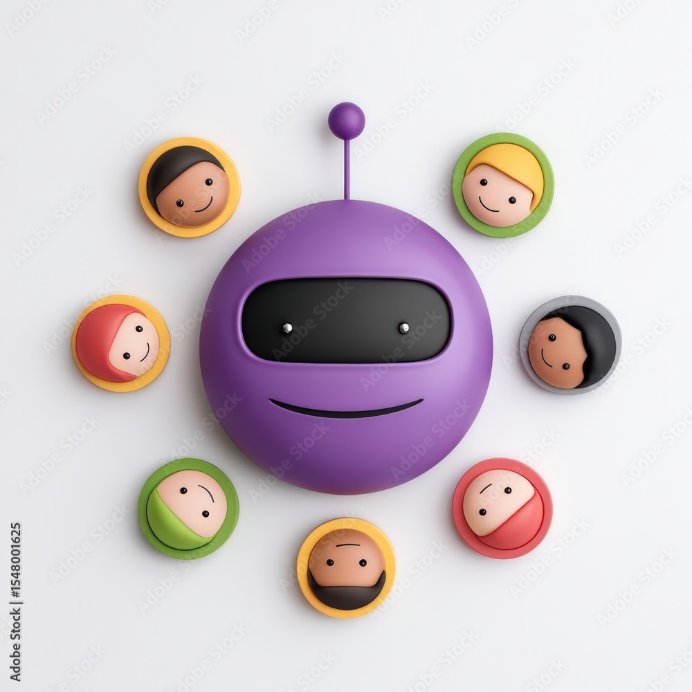Poster playful purple robot surrounded by diverse smiling faces creating a cheerful atmosphere of friendshi