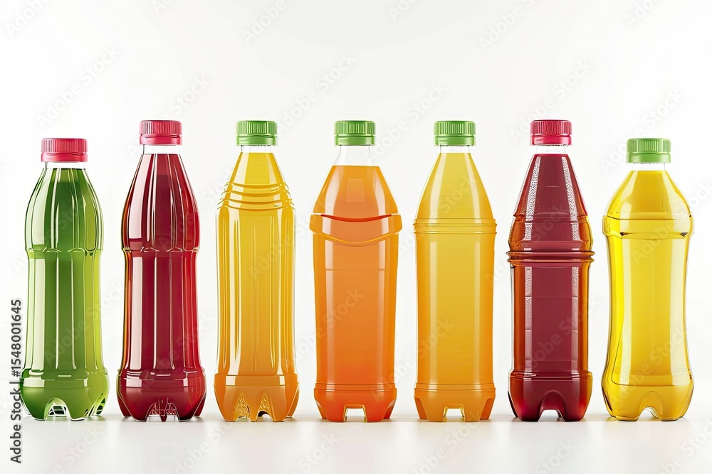 Poster high definition visual of set with plastic bottles of different juices on white background