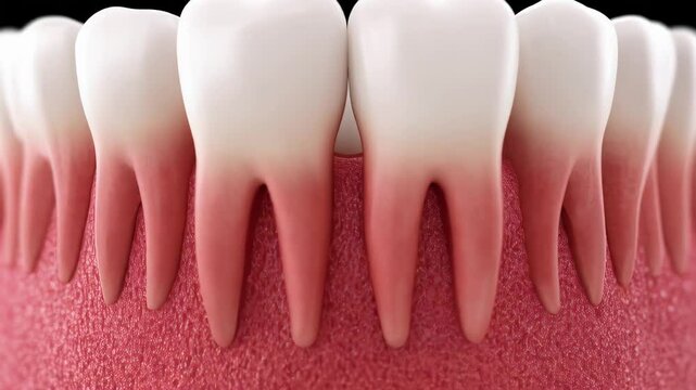 Detailed dental anatomy revealing tooth roots, gum structures, separated teeth emerging against deep black backdrop