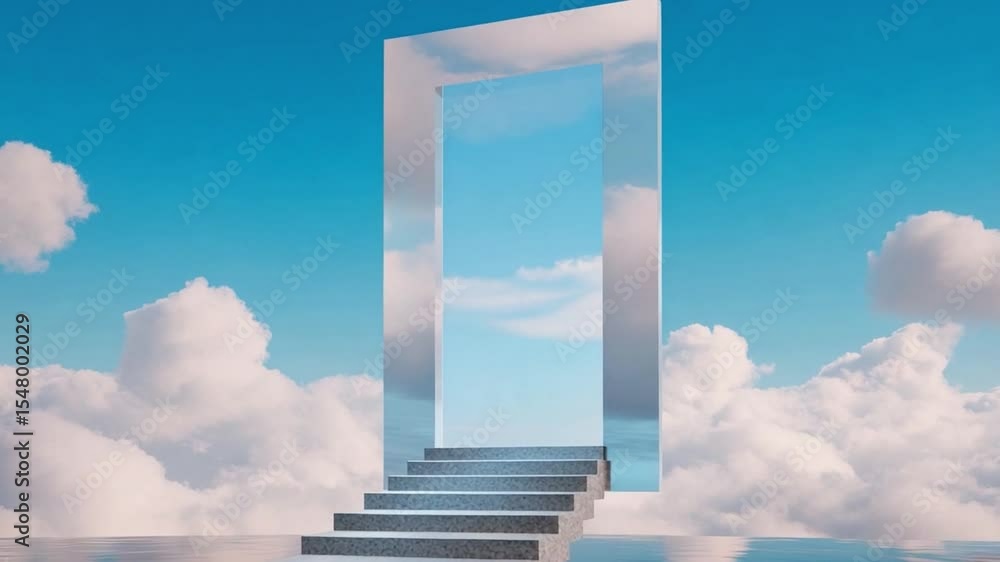 Poster Portal to Paradise: An open gateway floats serenely in the sky, inviting viewers into a realm of endless possibilities. With a staircase leading up to the open door, soft fluffy clouds.