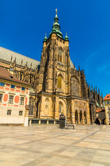 A view showing the gothic style of Saint Vitus Cathedral in the castle complex in Prague in...
