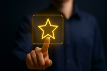 Man Touching Glowing Yellow Star Icon on Digital Screen Interface in Dark Background for Technology, Rating, and UX UI Design