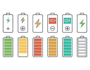 Battery icon set. Battery Full charge indicator or low charge sign,Battery Charging indicator in thin line and flat icon collection. Vector illustration