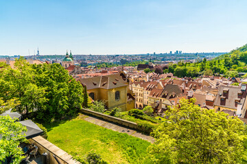 A view from the castle complex over the west bank of the Vltava river in Prague in springtime