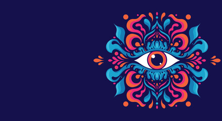 Psychedelic eyeball banner illustration with ornate design on dark background, for event promotion, festival branding and art marketing