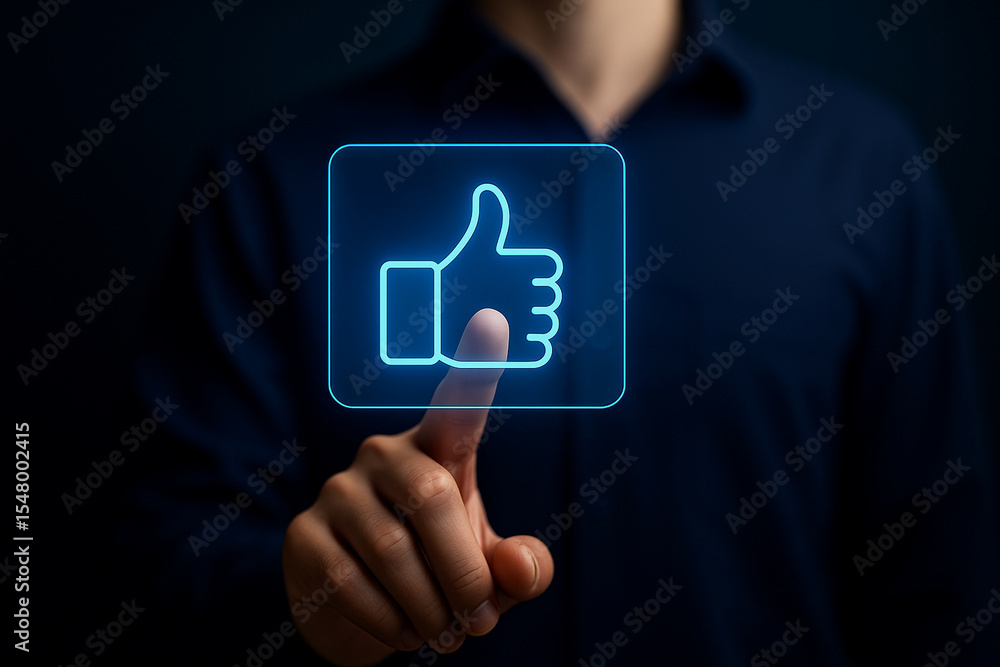 Poster professional futuristic touch screen thumbs-up icon interaction with glowing blue ui design for tech
